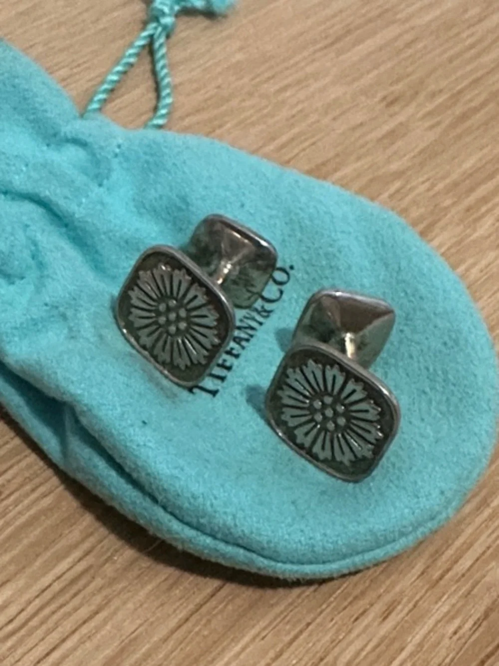 Sterling Silver Floral Signet Cufflinks in Turquoise Pouch